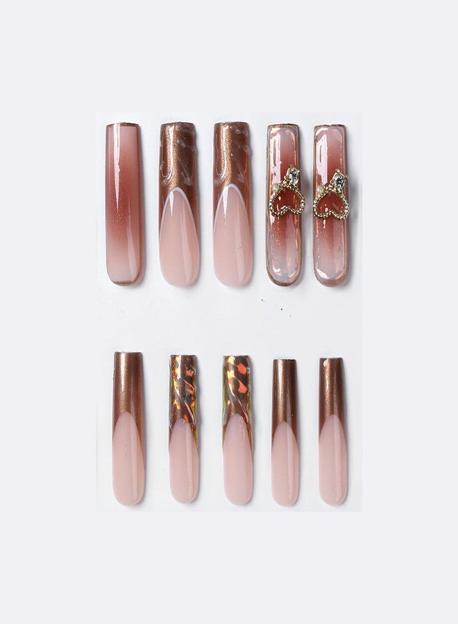 SINHOT Press on Nails - Long Square Fake Nails, Glossy Finish, 3D Flowers & Chrome Heart, DIY Artificial False Nail Art - 24 Pcs Nail Kit with Glue - Image 4